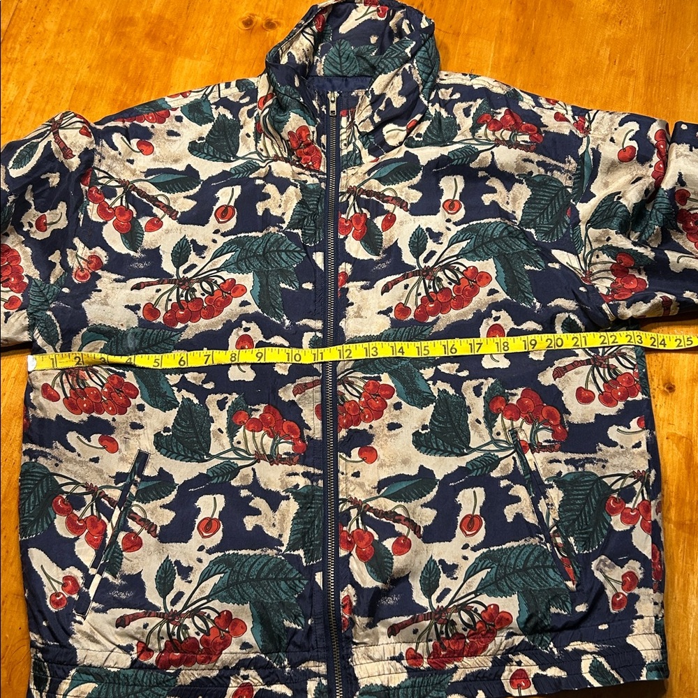 EVR 100% Silk Full Zip Cherry Botanical Pattern Lightweight Vtg Bomber Jacket - Picture 7 of 8
